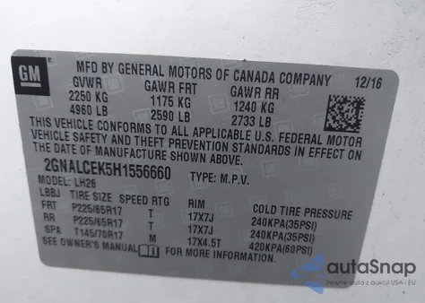 2017 Chevrolet Equinox Lt из США, поврежденный, VIN 2GNALCEK5H1556660